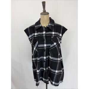 Oat NY Black White Plaid Wool Blend Snap Up Vest Womens Large #0626